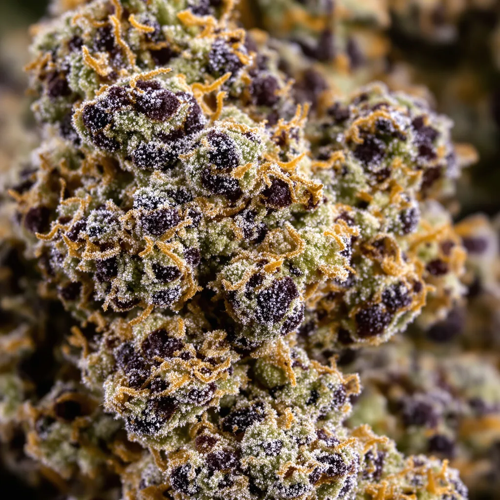 Caffeine Bomb cannabis bud close-up showing dense purple-tinged calyxes