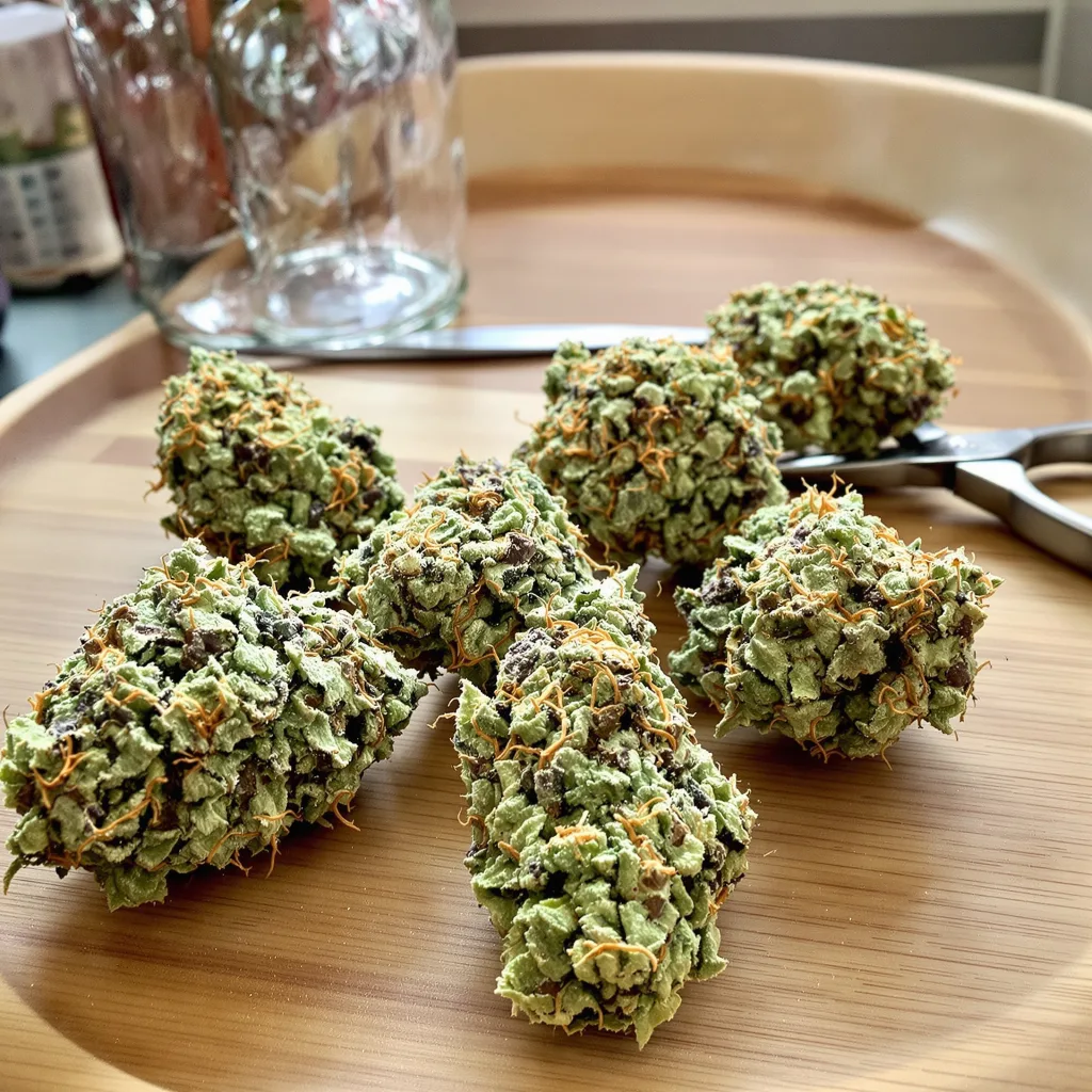 Cake Bomb 44% indica / 56% sativa flower with visible trichomes