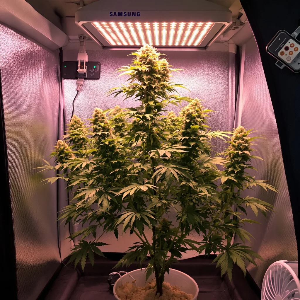 Cake Bomb 44% indica / 56% sativa flower with visible trichomes
