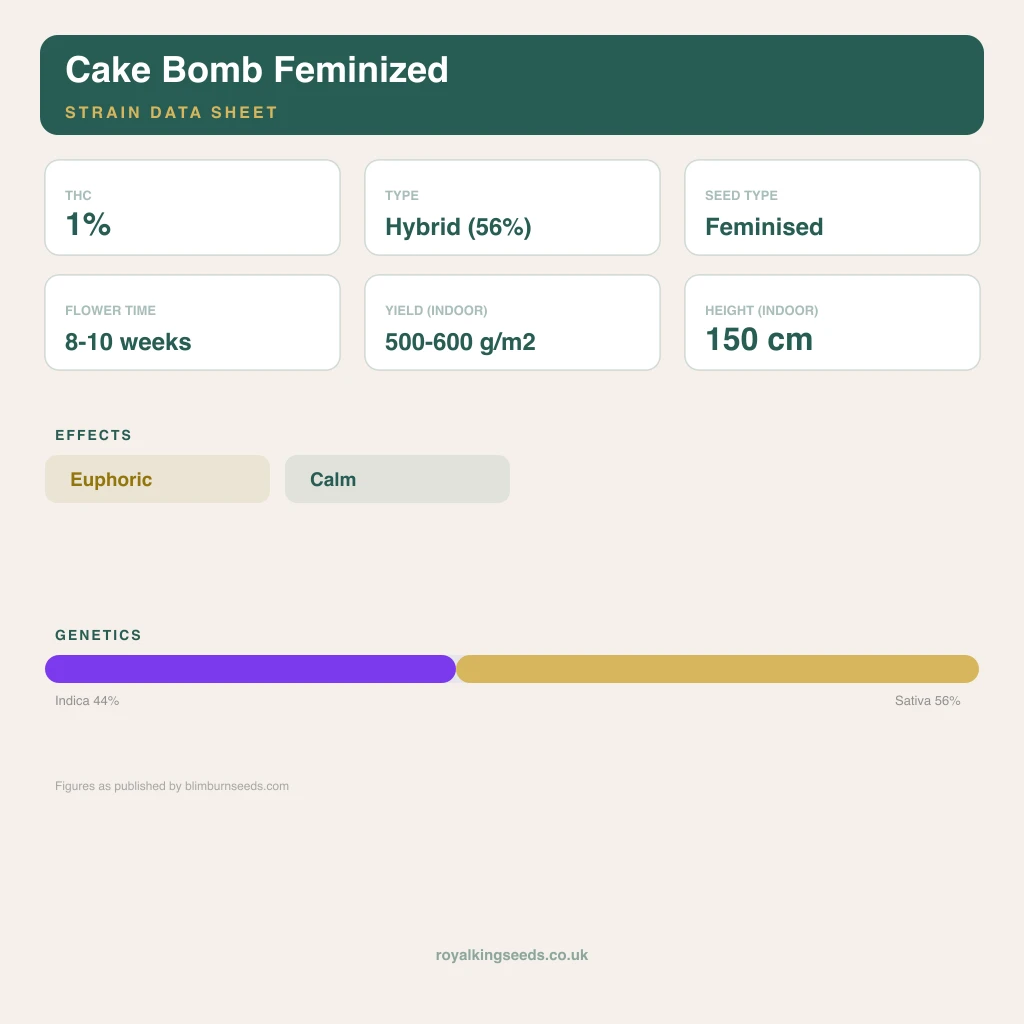 Cake Bomb 44% indica / 56% sativa flower with visible trichomes