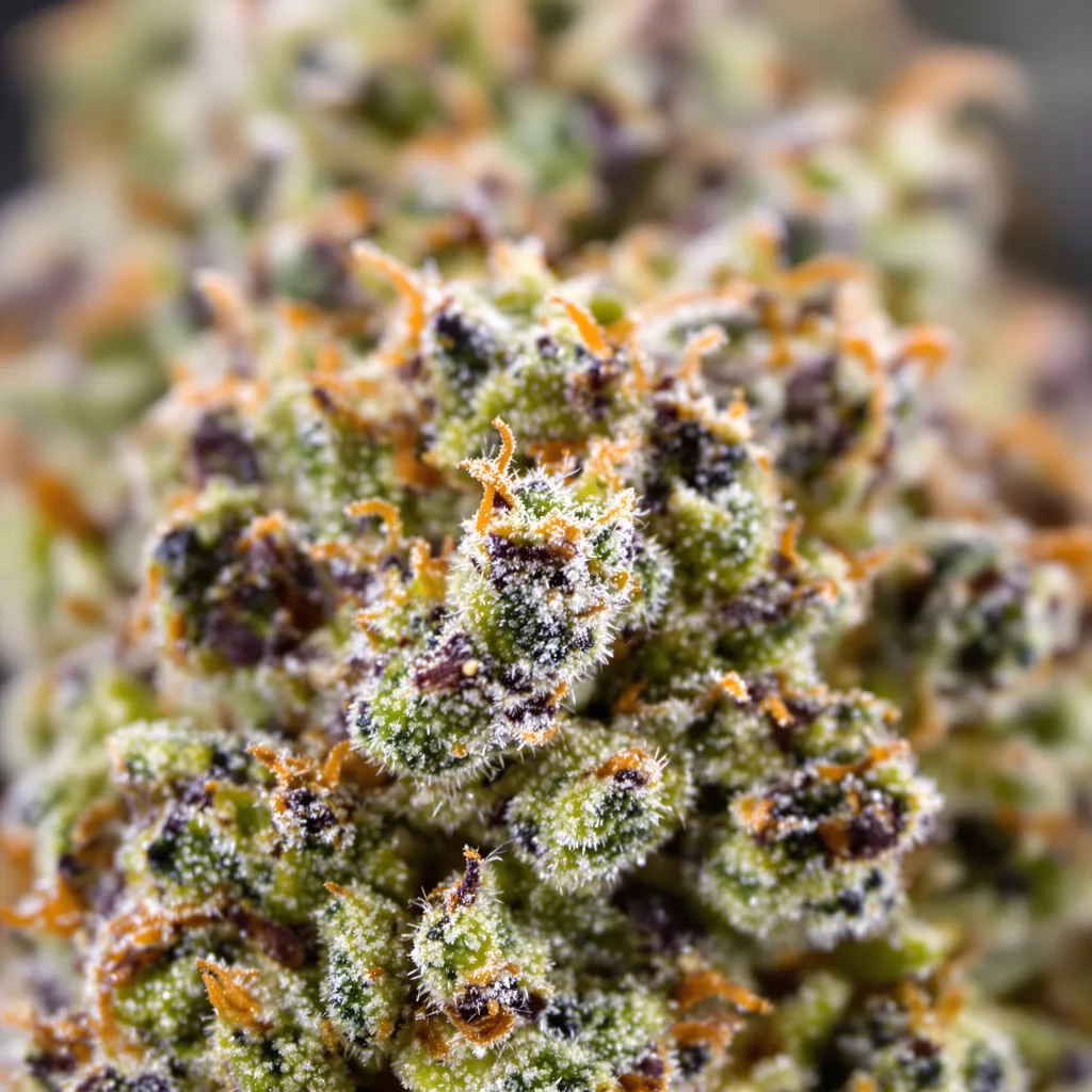 Cake Bomb cannabis bud close-up showing balanced bud structure with frosted trichomes