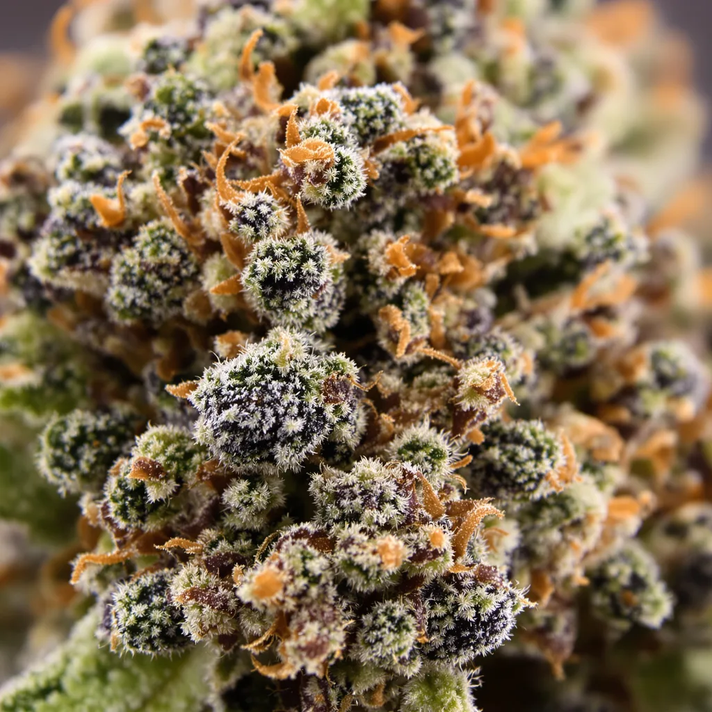 Cali Kush cannabis bud close-up showing dense purple-tinged calyxes