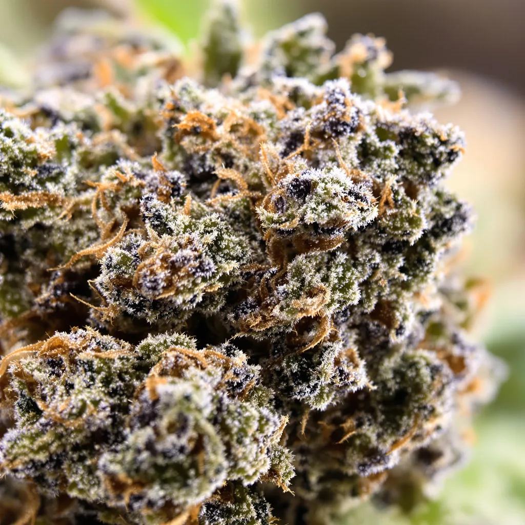 Candy Cane cannabis bud close-up showing dense purple-tinged calyxes