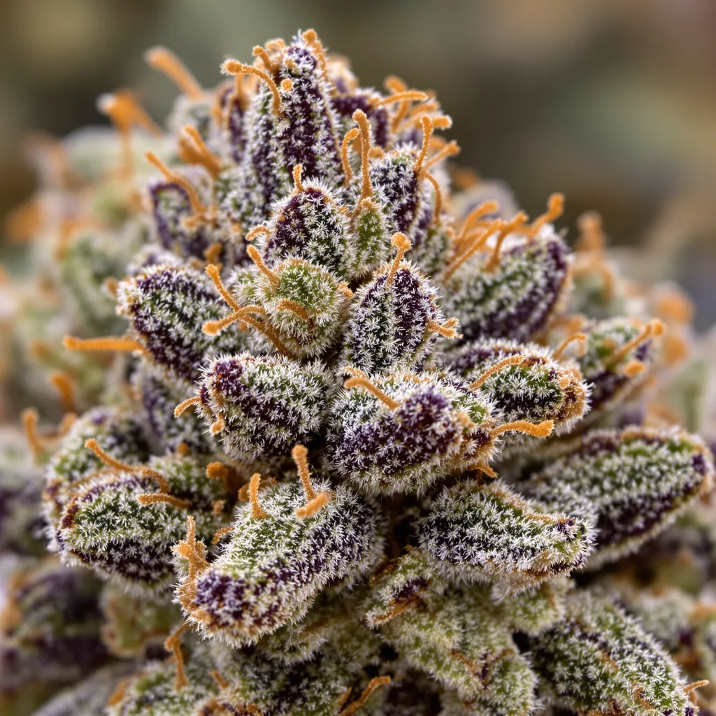 Candy Cream cannabis bud close-up showing dense purple-tinged calyxes