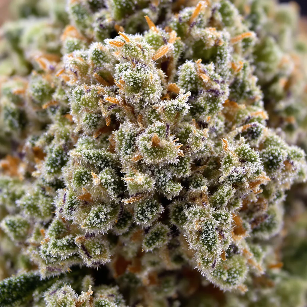 Candy Kush cannabis bud close-up showing balanced bud structure with frosted trichomes