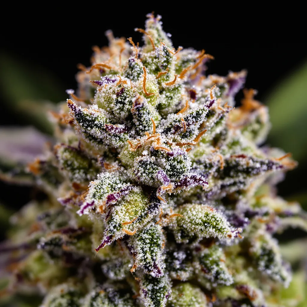 Candy Kush cannabis bud close-up showing balanced bud structure with frosted trichomes
