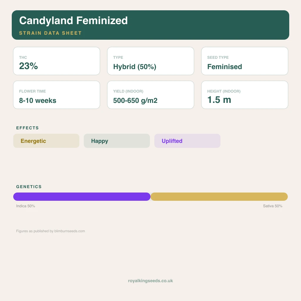 Candyland 50% indica / 50% sativa flower with visible trichomes