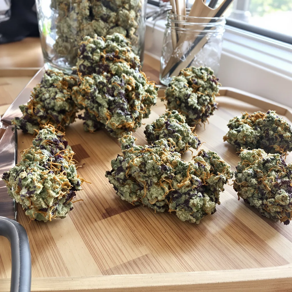 Cascadia Kush 74% indica / 26% sativa flower with visible trichomes