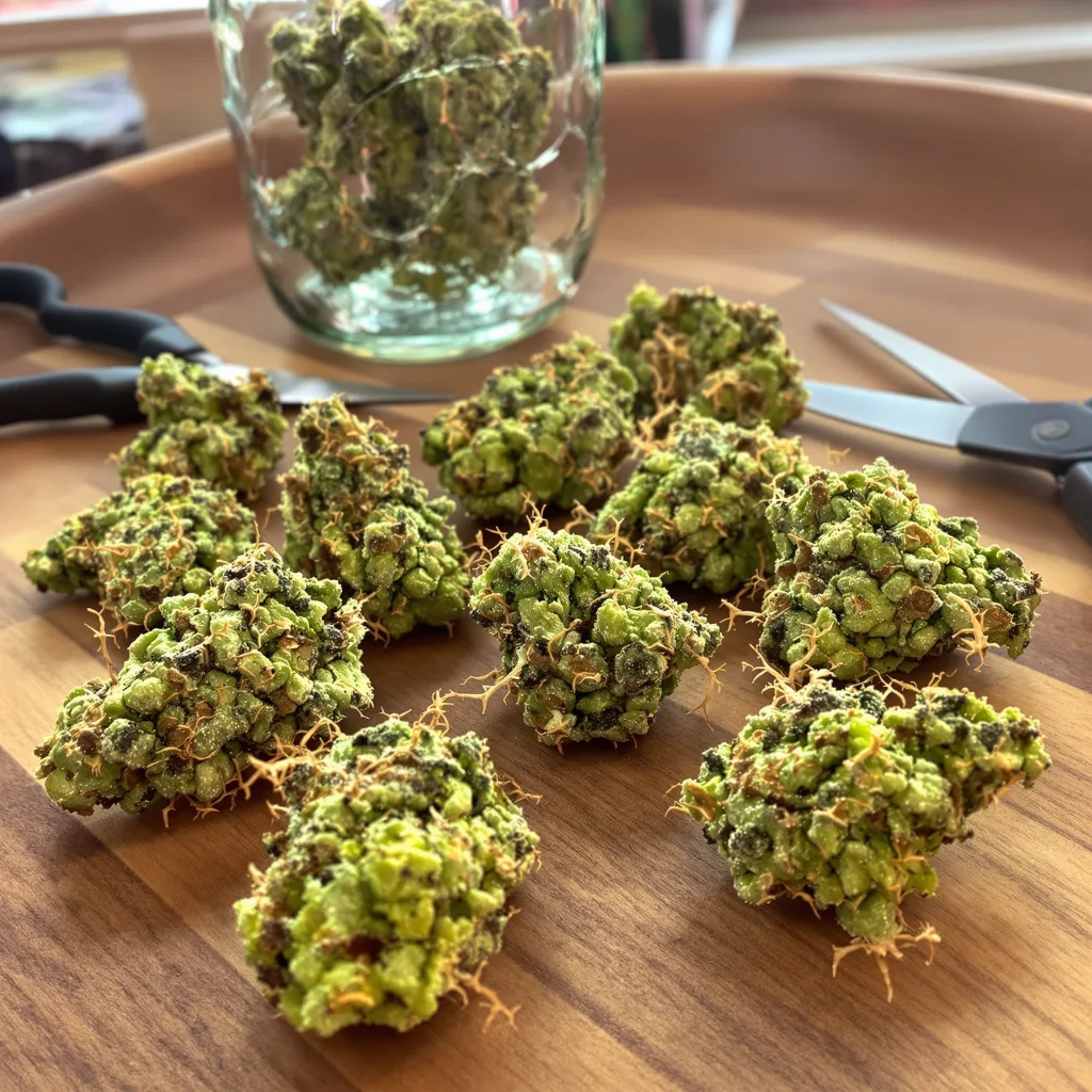 Cat Piss 25% indica / 75% sativa flower with visible trichomes