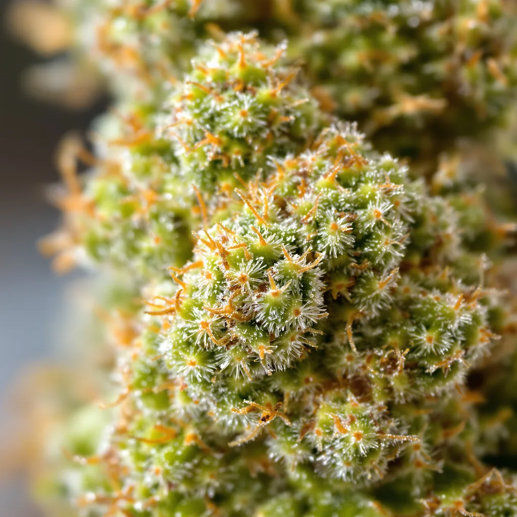 Cat Piss cannabis bud close-up showing lime-green airy structure
