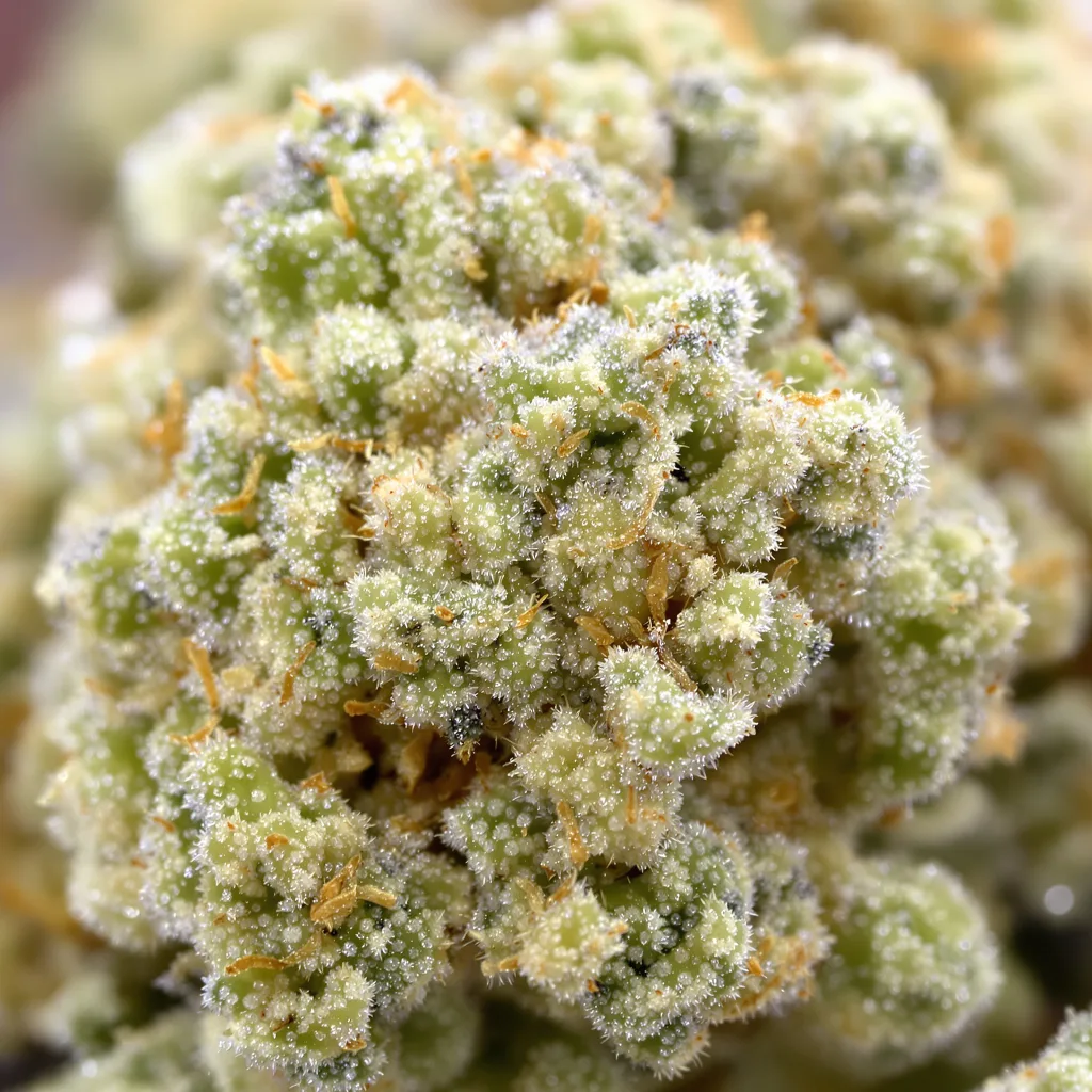 CBD 3D cannabis bud close-up showing pale-green low-resin flower