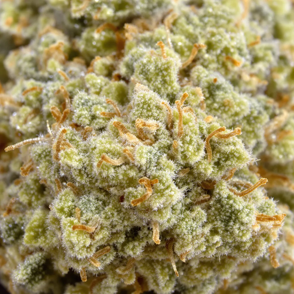 CBD ACDC cannabis bud close-up showing pale-green low-resin flower