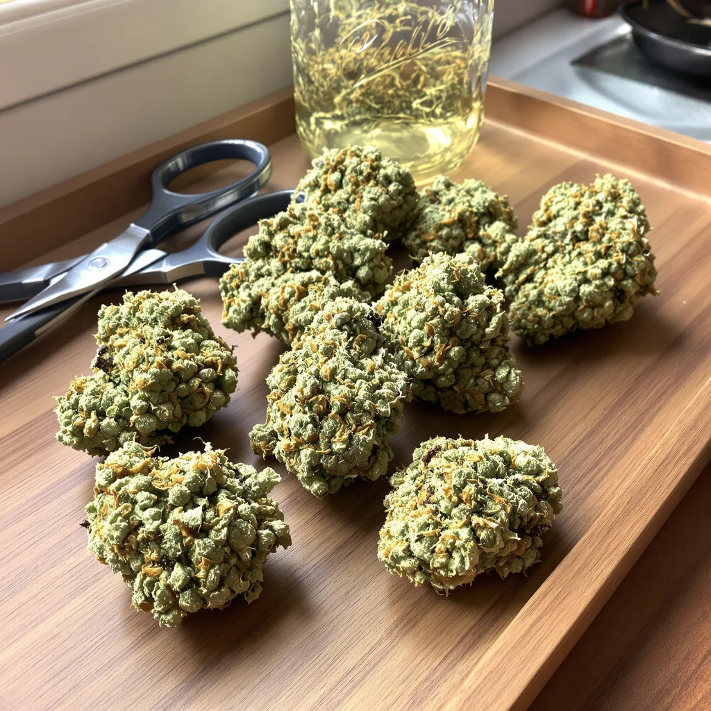 CBD Blueberry 46% indica / 54% sativa flower with visible trichomes