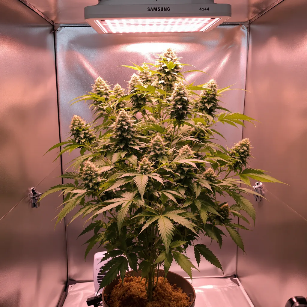 CBD Blueberry 46% indica / 54% sativa flower with visible trichomes