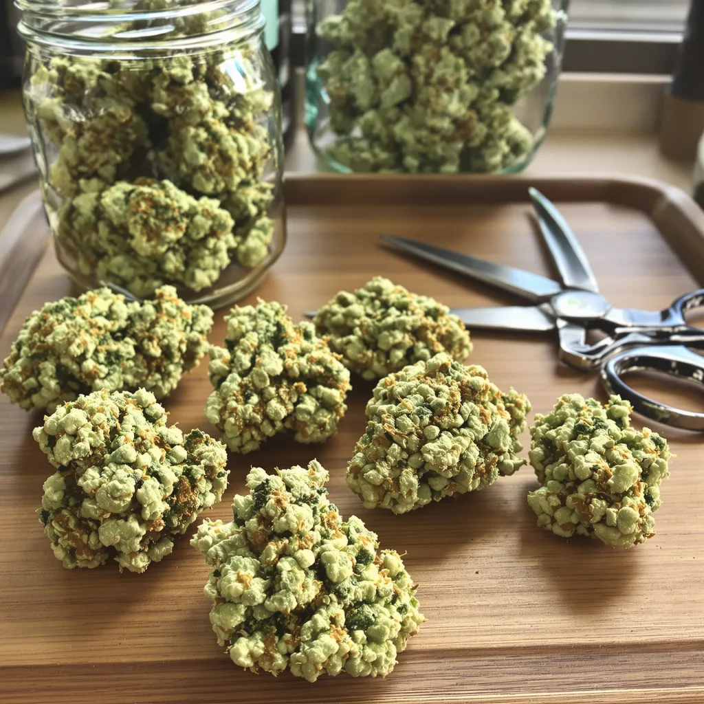 CBD Caramel 43% indica / 57% sativa flower with visible trichomes