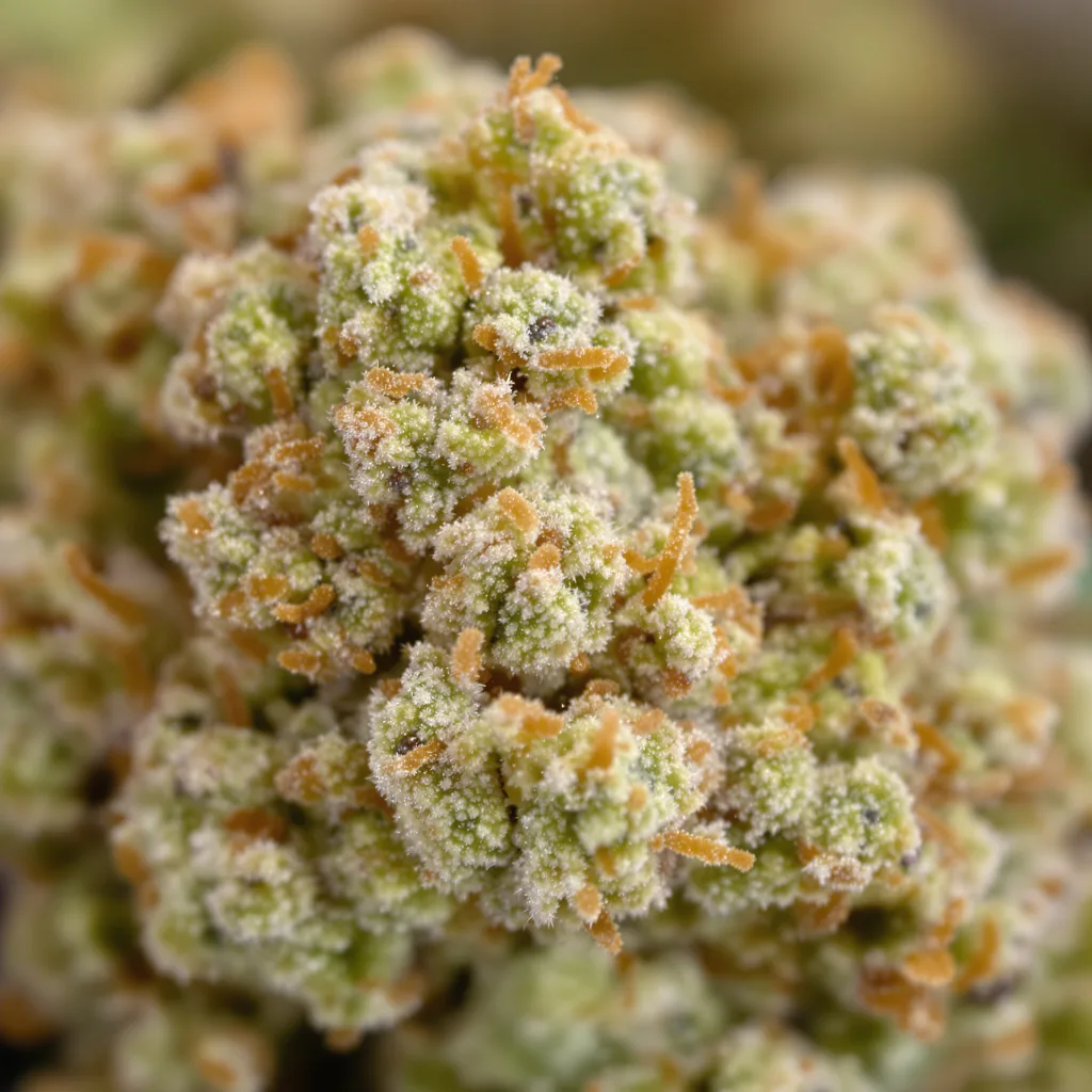 CBD Caramel cannabis bud close-up showing pale-green low-resin flower