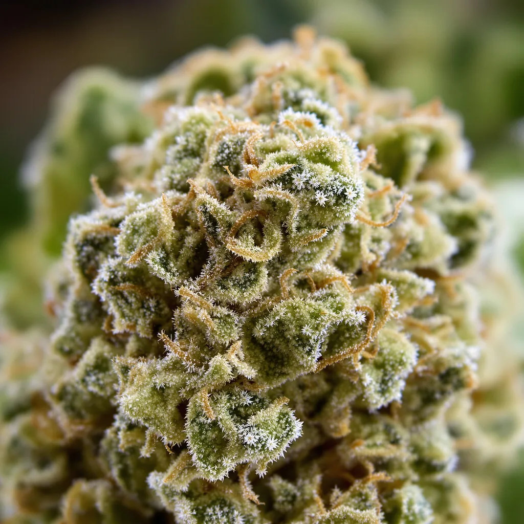 CBD Critical Mango cannabis bud close-up showing pale-green low-resin flower