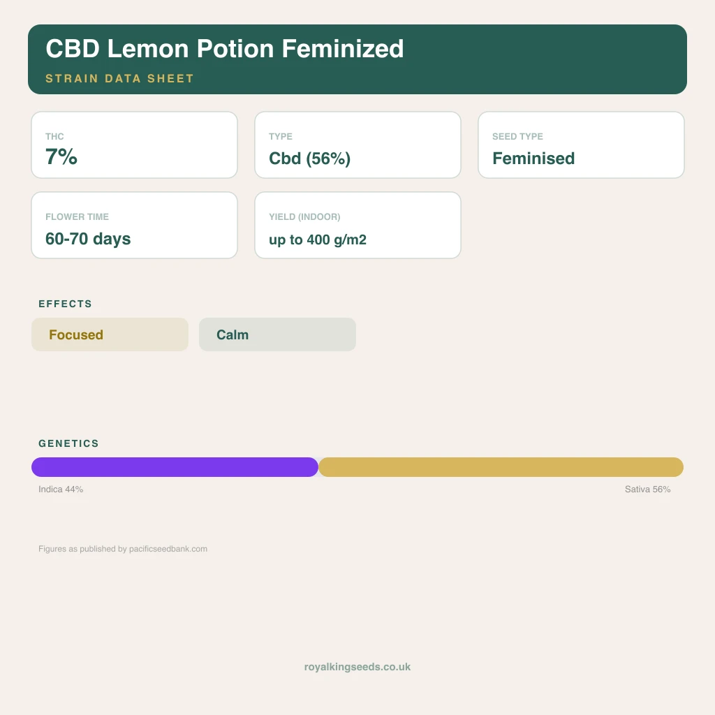 CBD Lemon Potion 44% indica / 56% sativa flower with visible trichomes