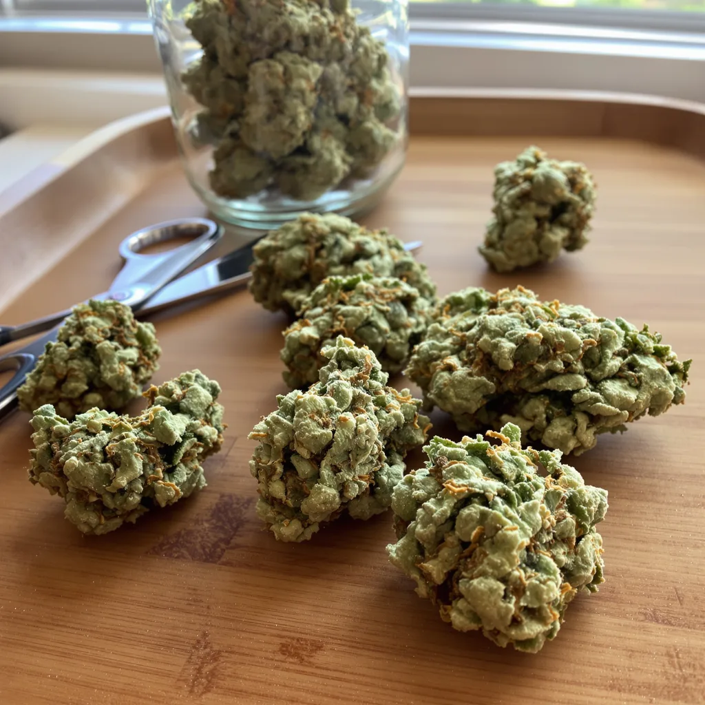 CBD Mango Haze 46% indica / 54% sativa flower with visible trichomes