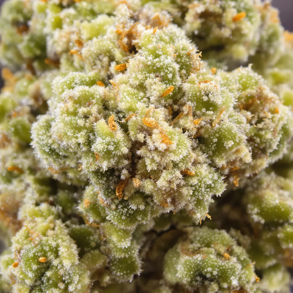 CBD Mango Haze cannabis bud close-up showing pale-green low-resin flower