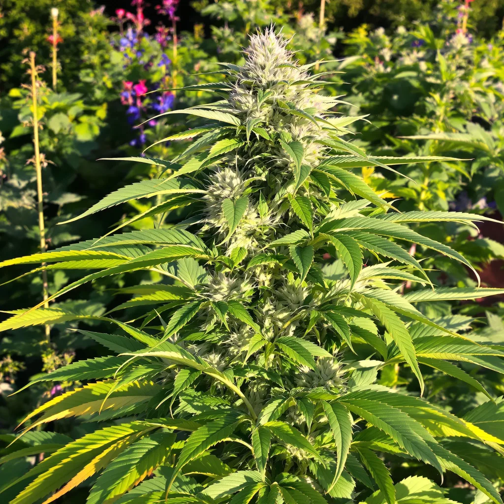 CBD Mango Haze 46% indica / 54% sativa flower with visible trichomes