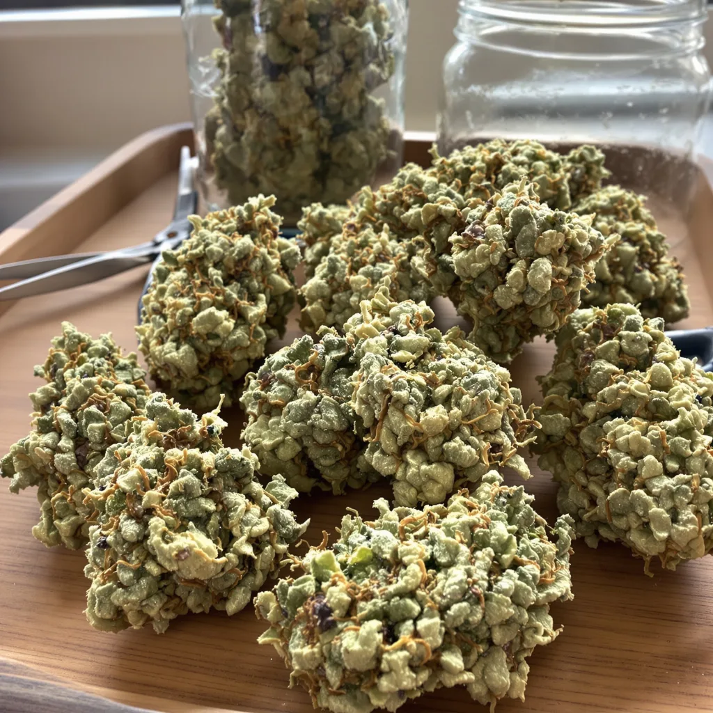 CBD MediHaze 59% indica / 41% sativa flower with visible trichomes