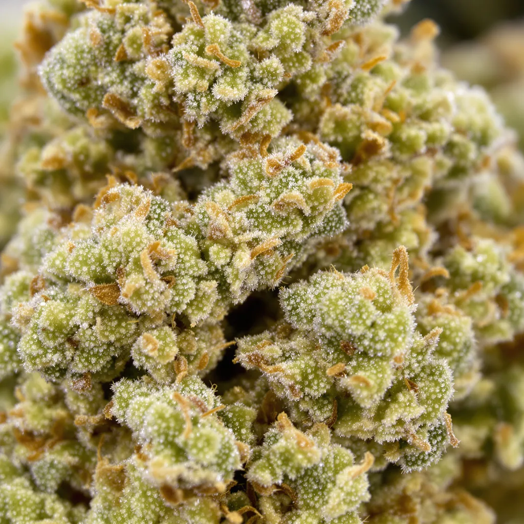 CBD MediHaze cannabis bud close-up showing pale-green low-resin flower