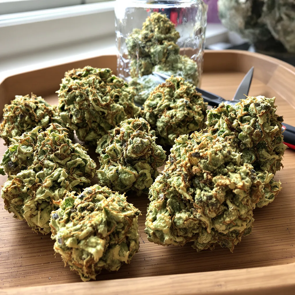 CBD PH Haze 58% indica / 42% sativa flower with visible trichomes