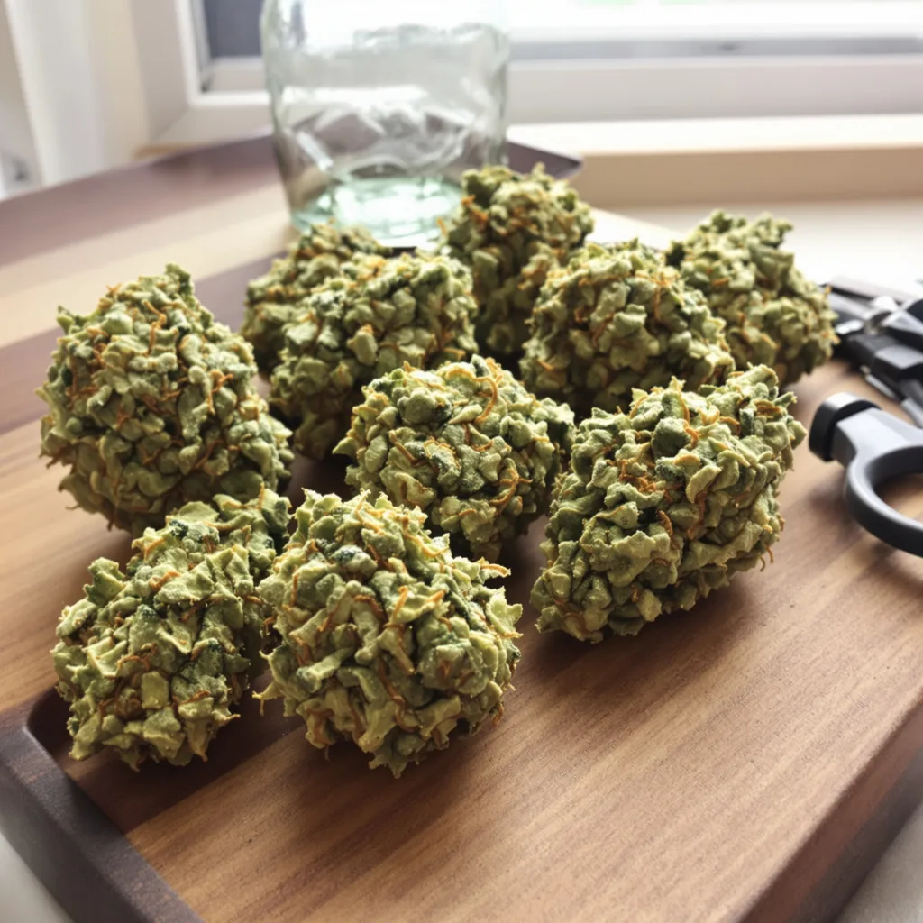 CBD Solomatic 59% indica / 41% sativa flower with visible trichomes