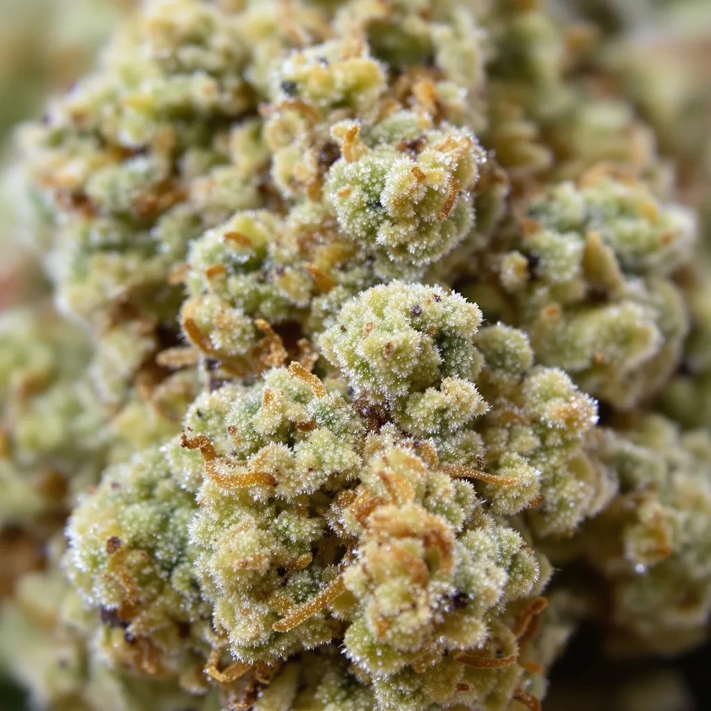 CBD Therapy cannabis bud close-up showing pale-green low-resin flower
