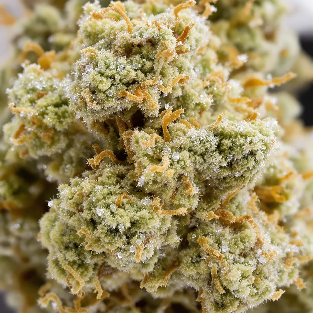 CBD Yummy cannabis bud close-up showing pale-green low-resin flower