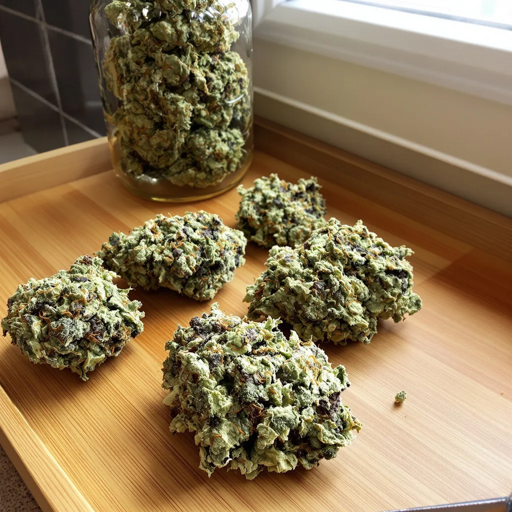 Cereal Milk 40% indica / 60% sativa flower with visible trichomes