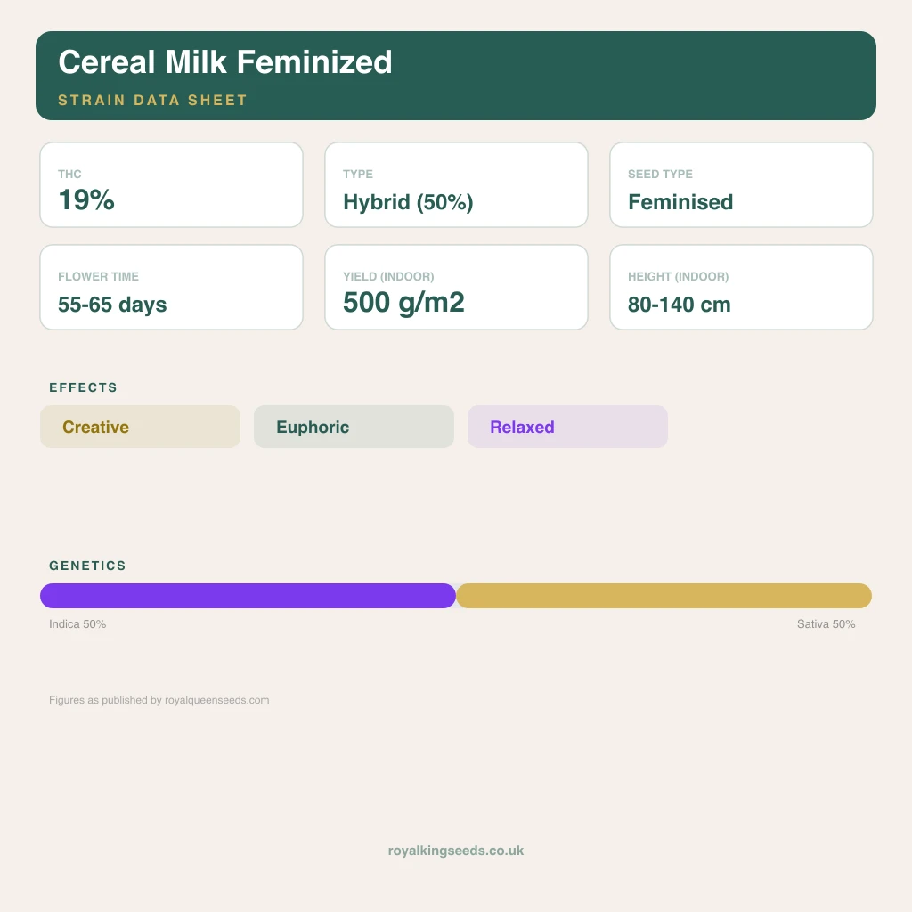 Cereal Milk 50% indica / 50% sativa flower with visible trichomes