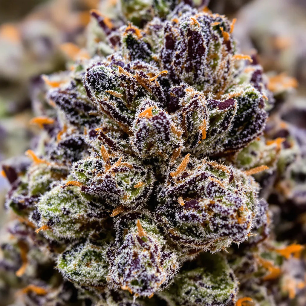 Cheese Quake cannabis bud close-up showing dense purple-tinged calyxes