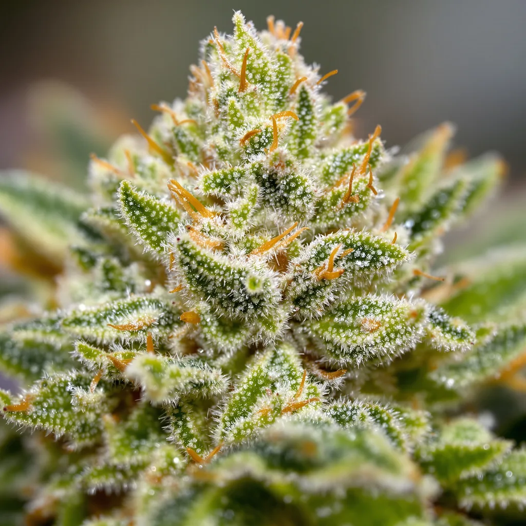 Cherry AK-47 cannabis bud close-up showing lime-green airy structure