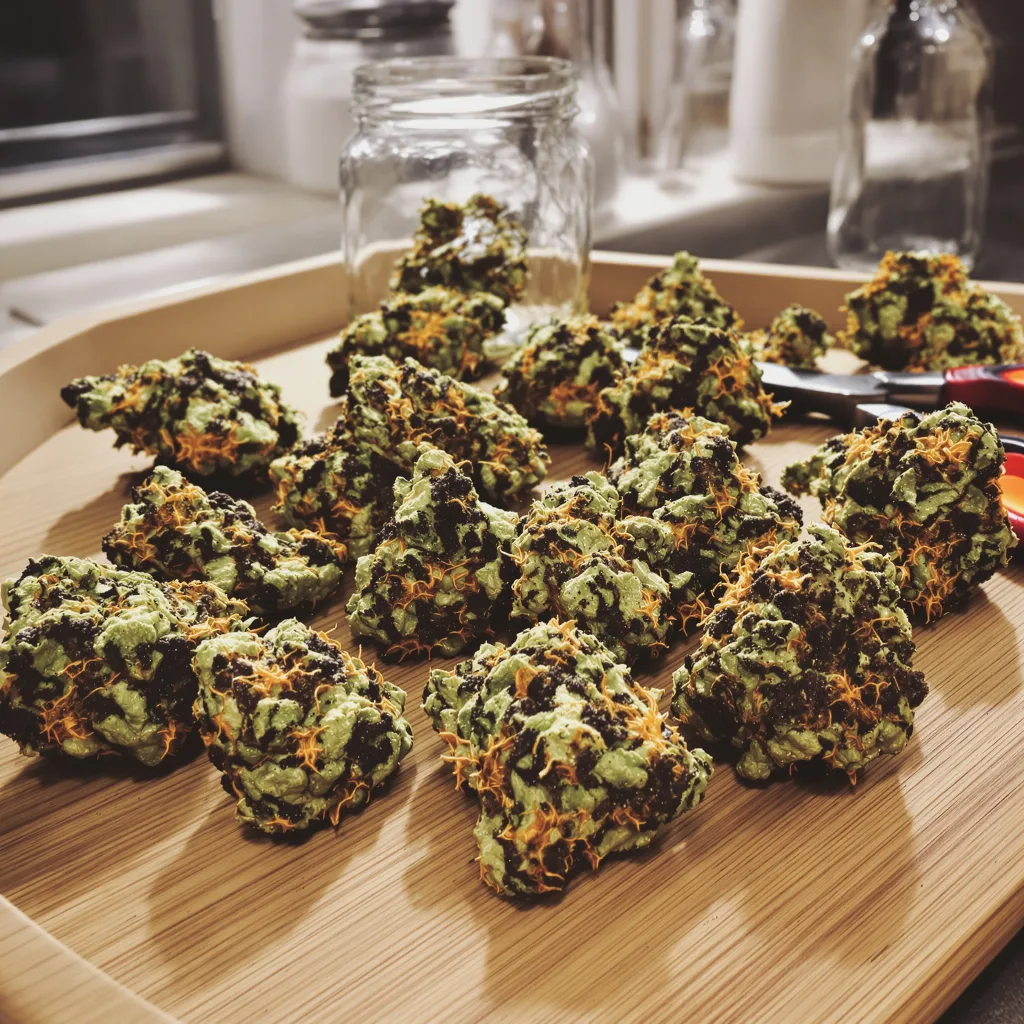 Cherry Bomb 66% indica / 34% sativa flower with visible trichomes