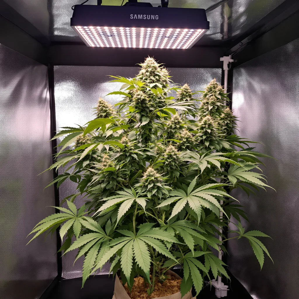 Cherry Bomb 66% indica / 34% sativa flower with visible trichomes