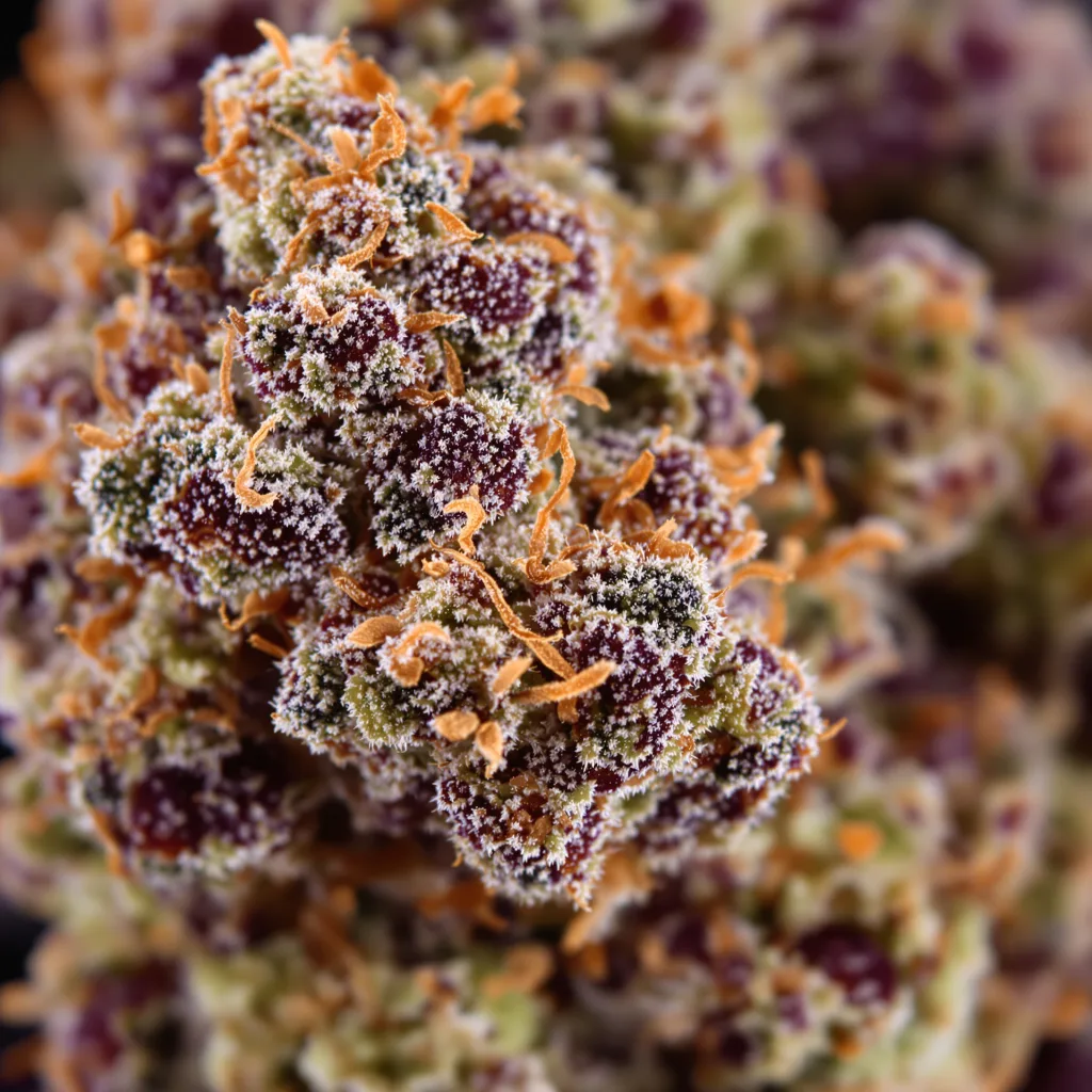 Cherry Bomb cannabis bud close-up showing dense purple-tinged calyxes