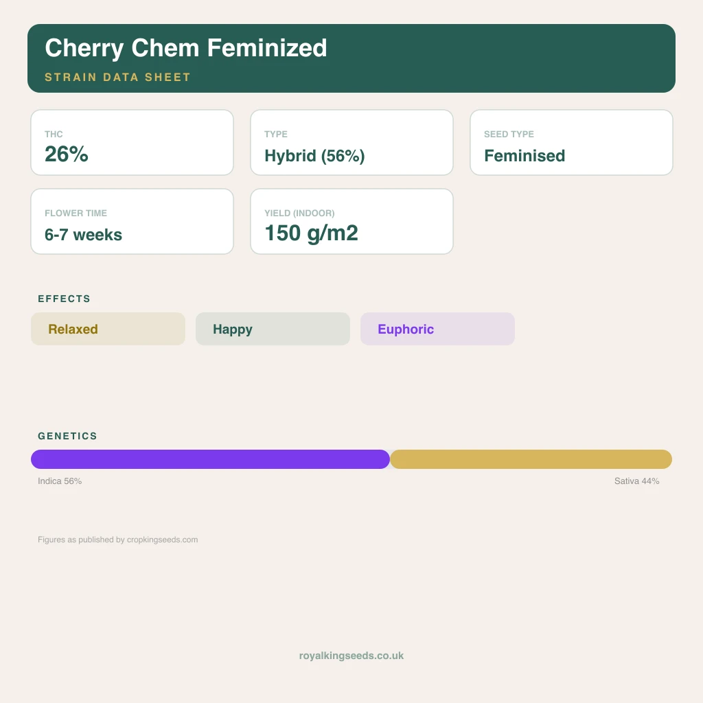 Cherry Chem 56% indica / 44% sativa flower with visible trichomes