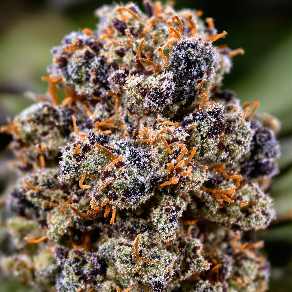 Chocolate Chunk cannabis bud close-up showing dense purple-tinged calyxes