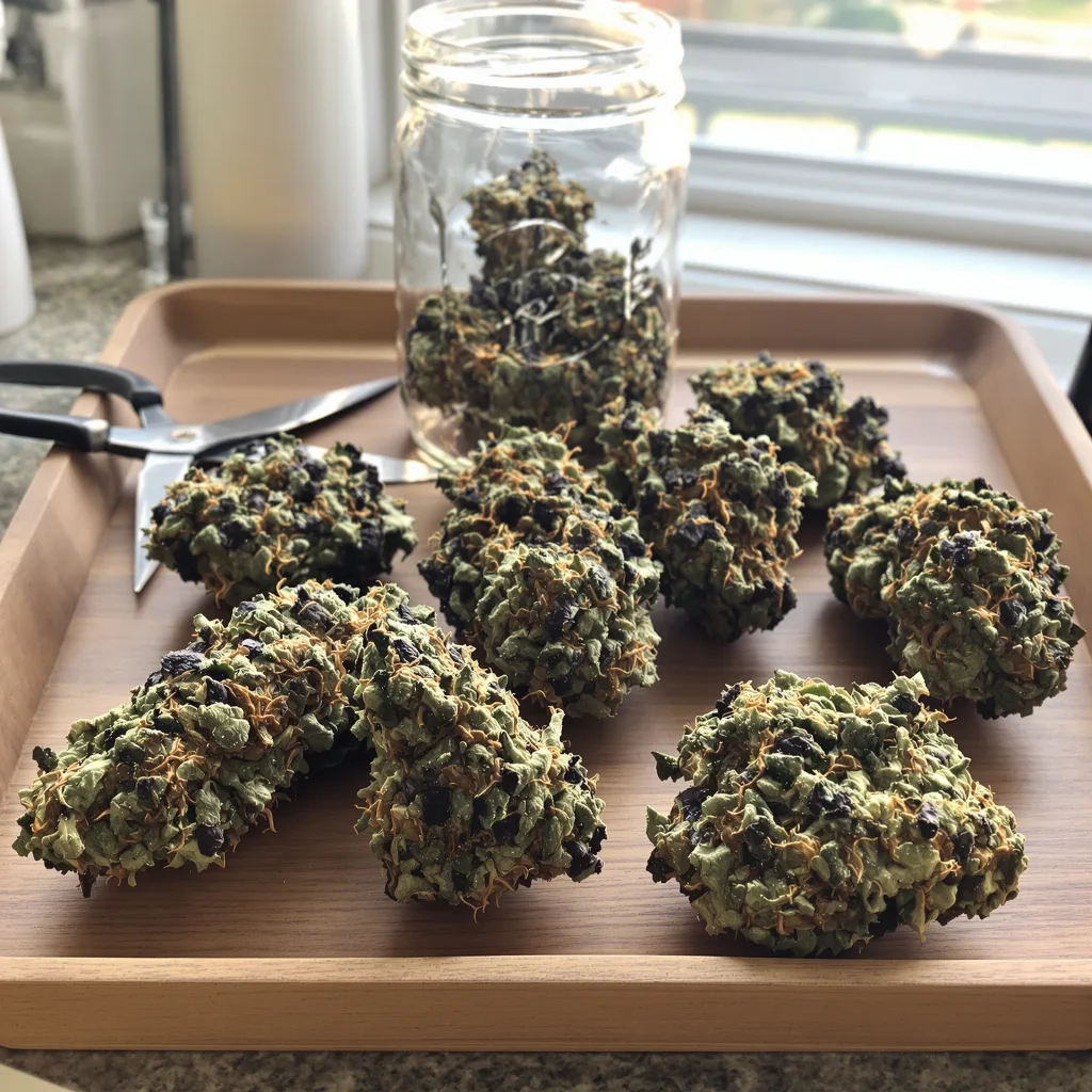 Chocolate Chunk 100% indica / 50% sativa flower with visible trichomes