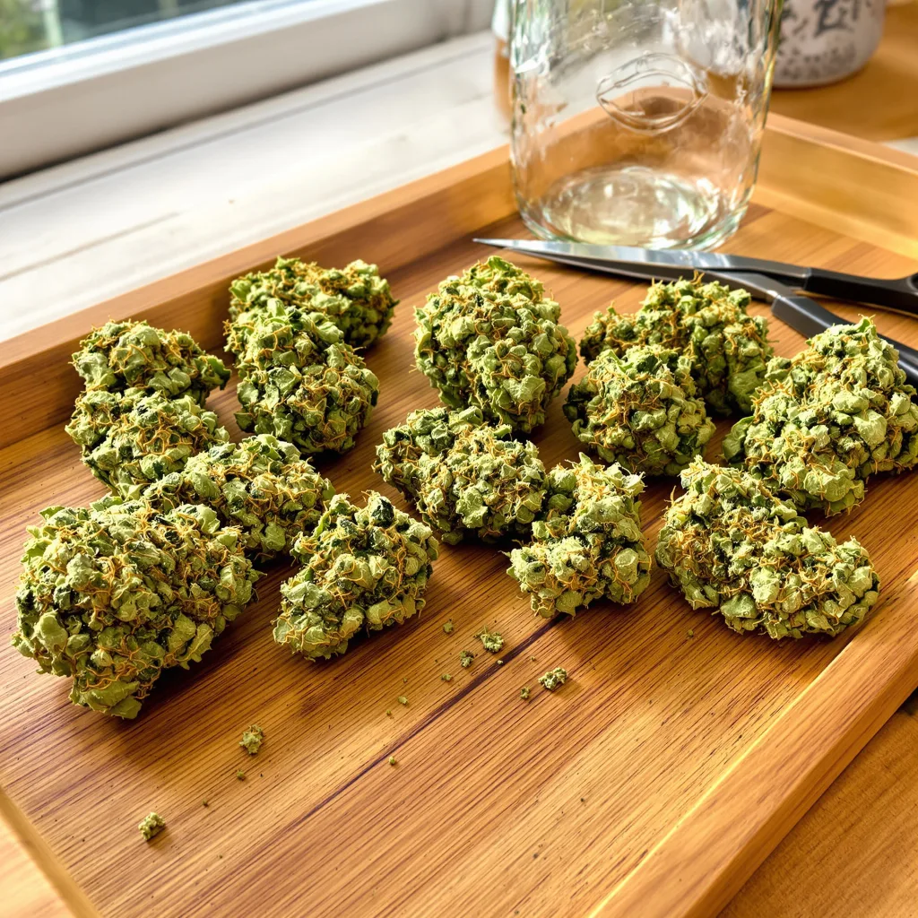 Chocolate Orange 10% indica / 90% sativa flower with visible trichomes