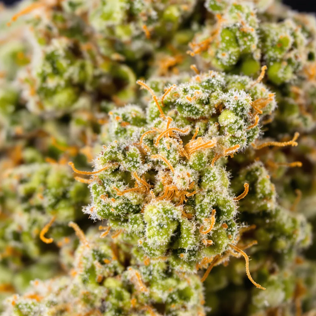 Chocolate Orange cannabis bud close-up showing lime-green airy structure
