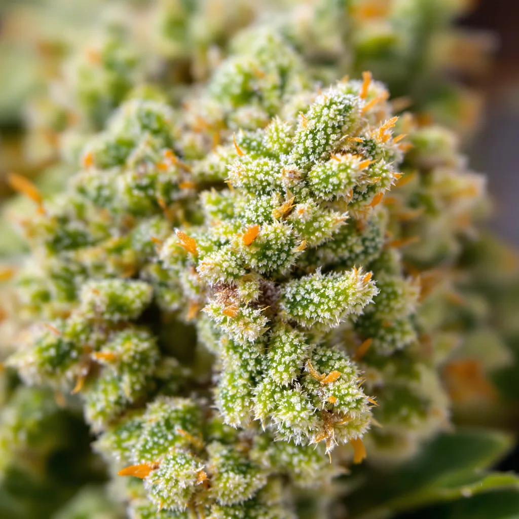 Chocolope cannabis bud close-up showing lime-green airy structure