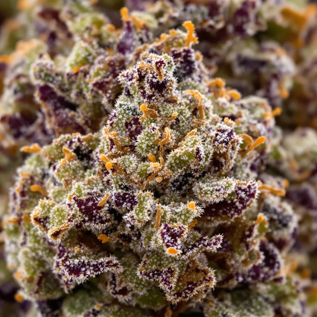 Chocolope Kush cannabis bud close-up showing dense purple-tinged calyxes