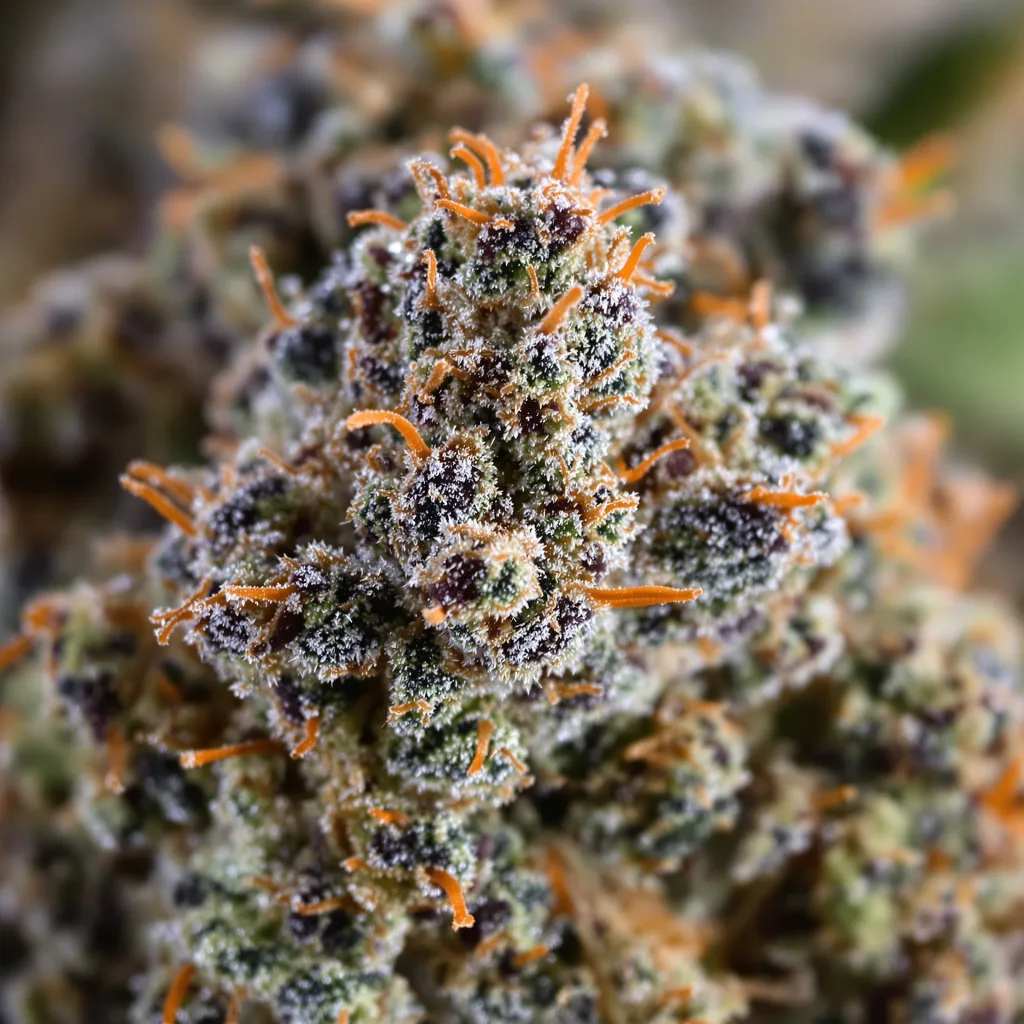 Chronic cannabis bud close-up showing dense purple-tinged calyxes