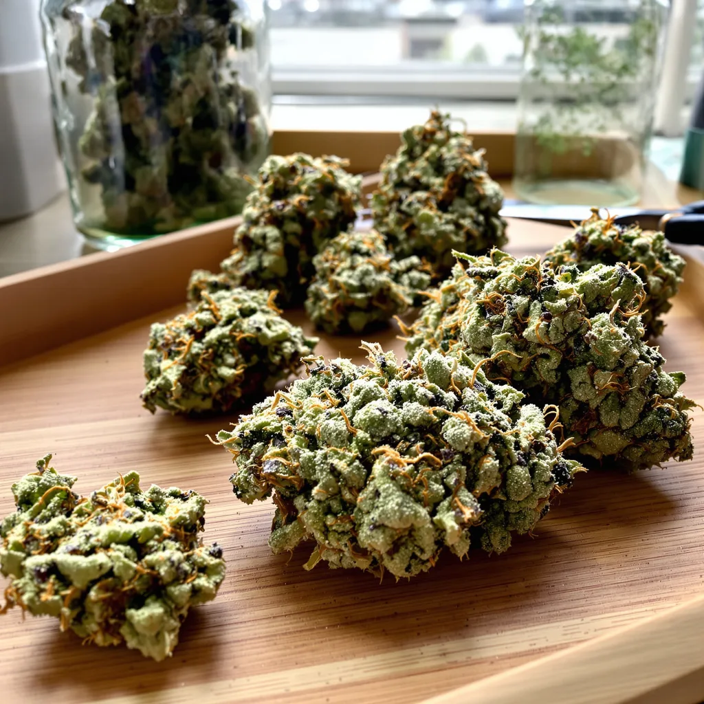 Chupacabra 58% indica / 42% sativa flower with visible trichomes