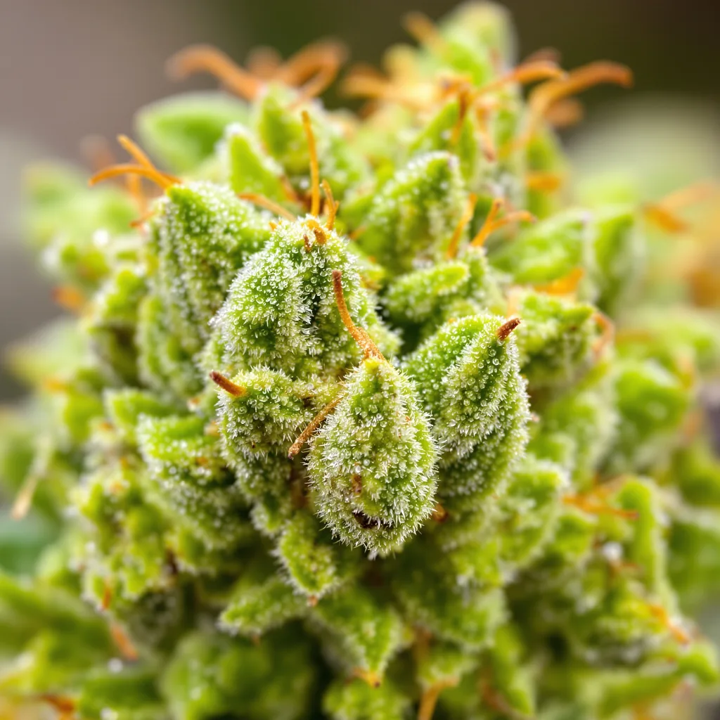 Cinderella 99 cannabis bud close-up showing lime-green airy structure