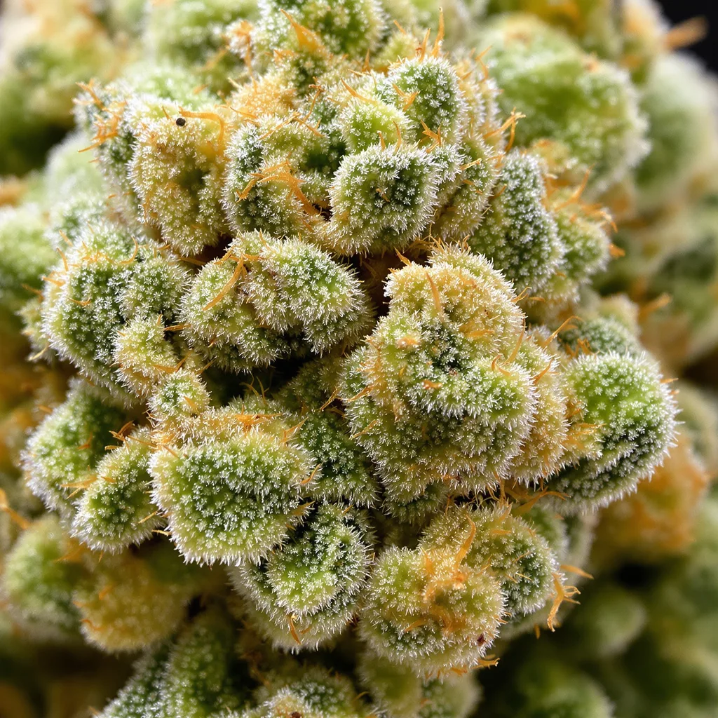 Clementine cannabis bud close-up showing lime-green airy structure