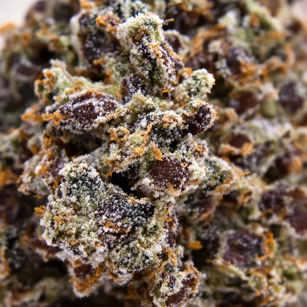Cluster Bomb cannabis bud close-up showing dense purple-tinged calyxes
